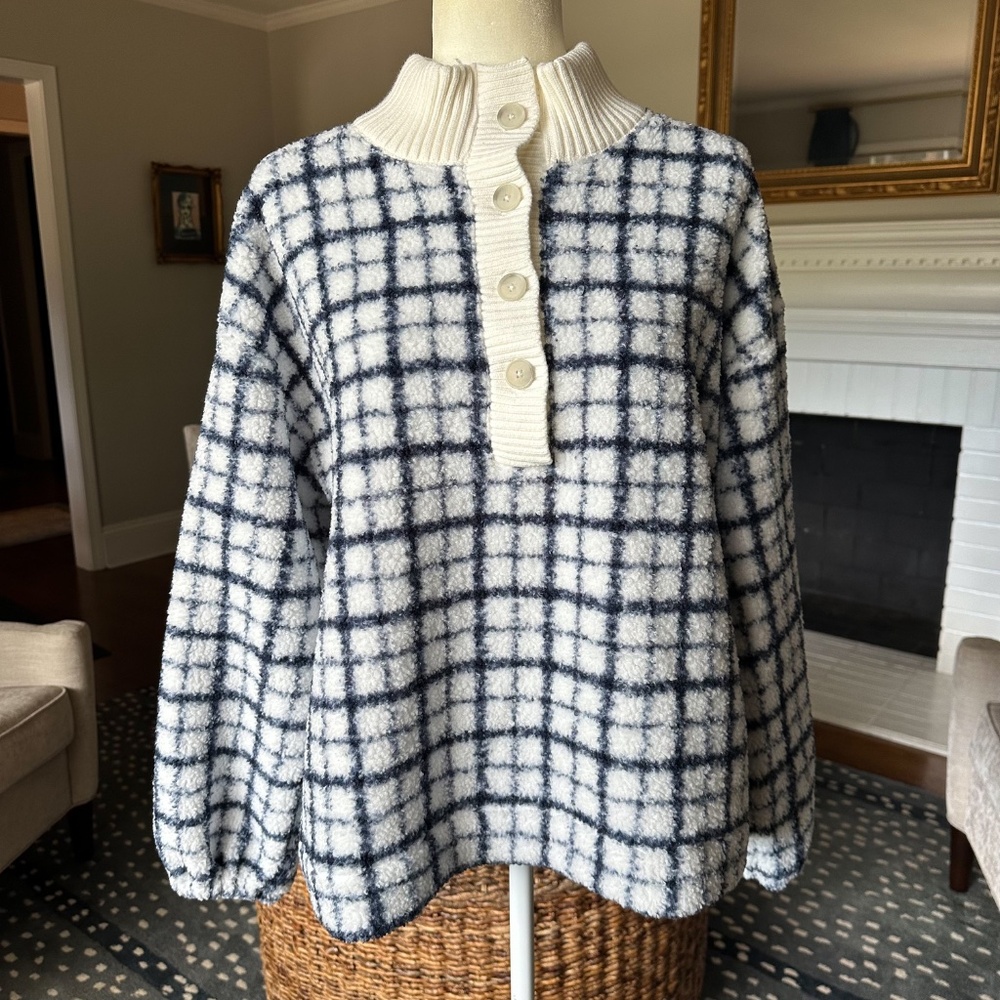 LOFT Navy White Plaid Sherpa Fleece Henley Pullover Size Large